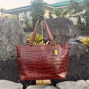 Fossil Brown Croc Embossed Leather Tote Bag